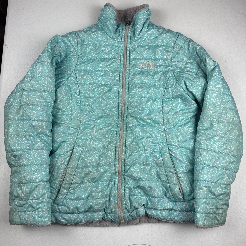 The North Face Reversible Jacket Girls M 10/12 Teal Grey Puffer Fleece Outdoor